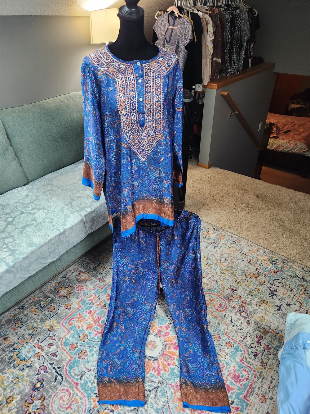 ziha Paisley Print Two-Piece Set in Blue & Brown Medium